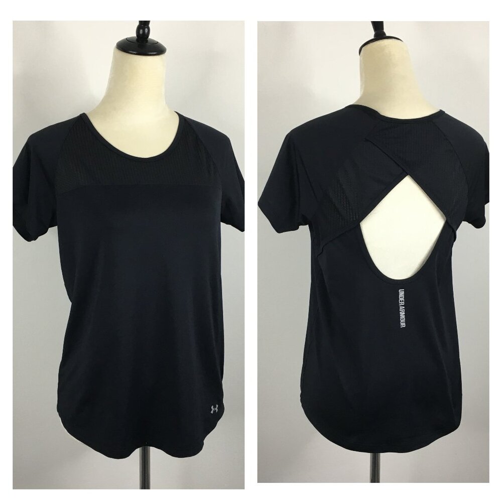 UNDER ARMOUR Short Sleeve Black Heat Gear Cut Out Back Mixed Fabric Shirt